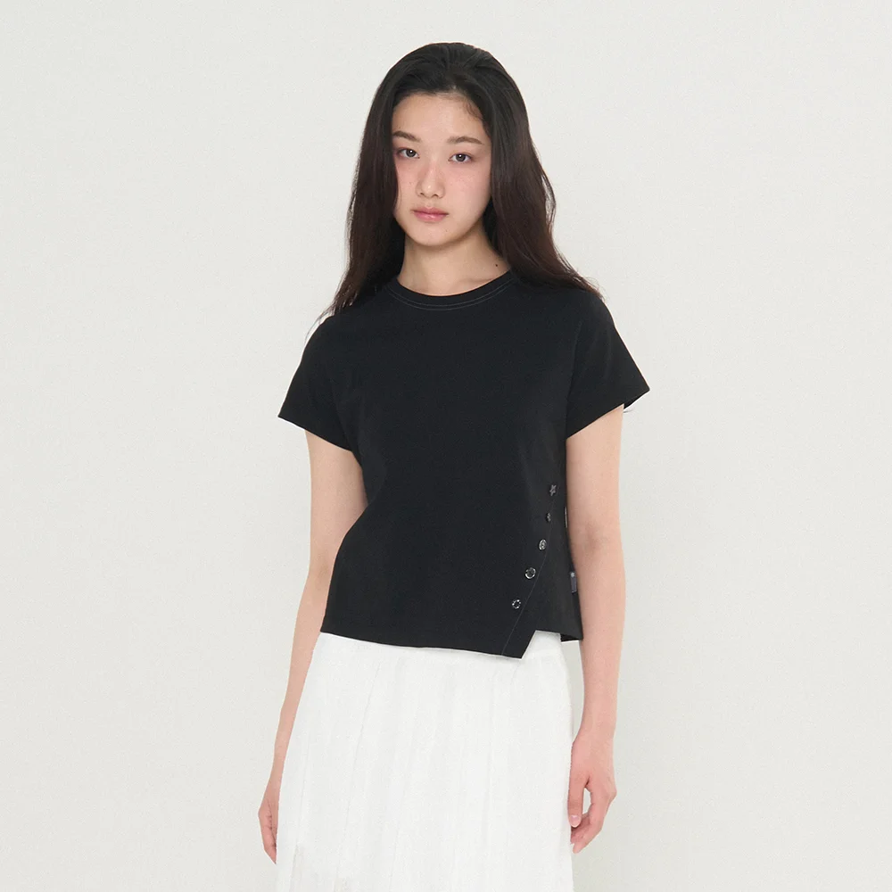 Button Unbalanced Short-sleeved T-shirt_Black