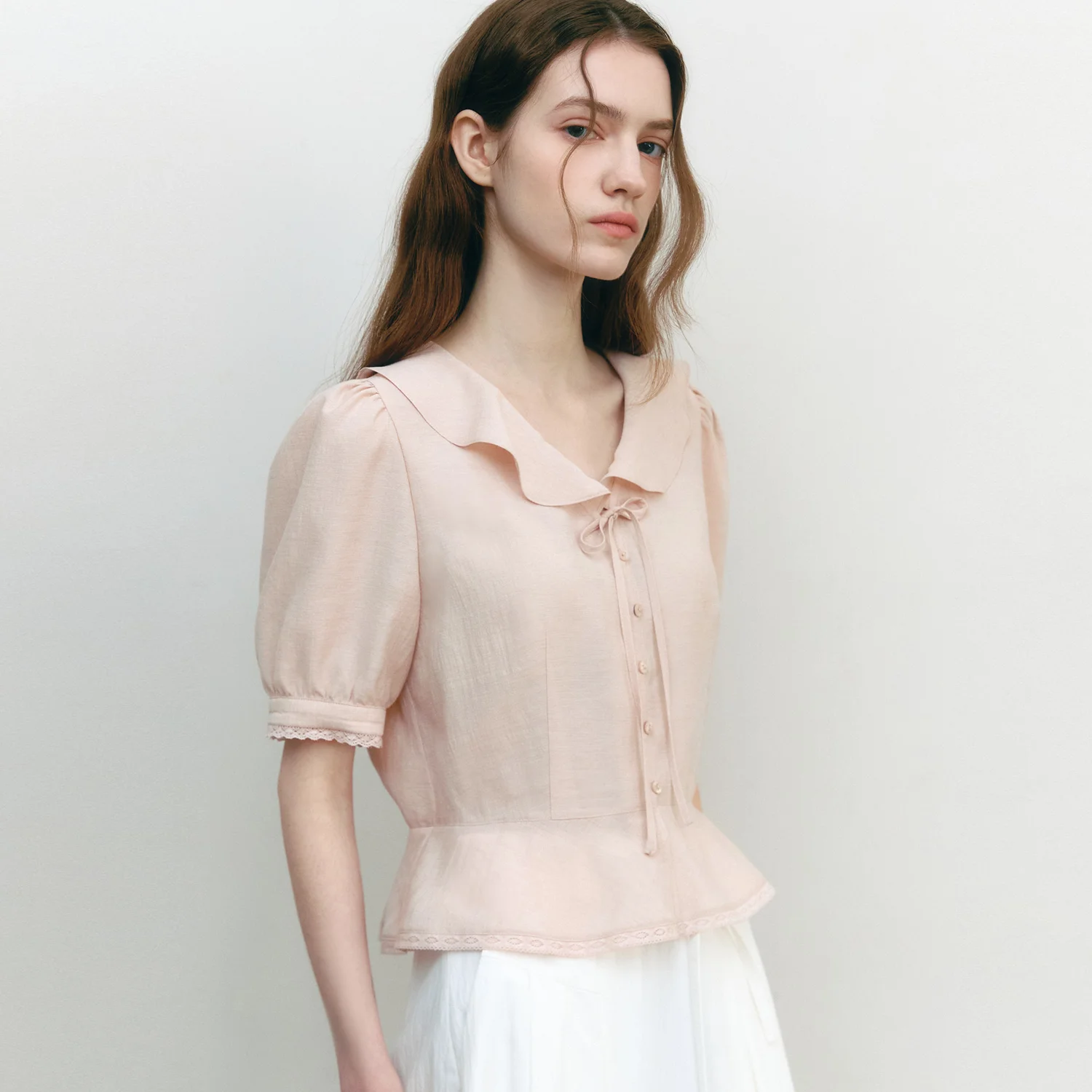 Ruffled V-Neck Peplum Blouse ROSE PINK
