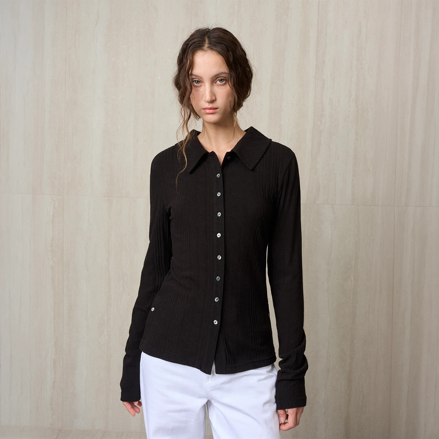 KNIT RIBBED SHIRT TOP BLACK