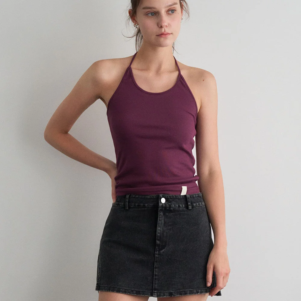 MIOLET RIBBED HALTER SLEEVELESS TOP 5COL_IVORY,PURPLE,BROWN,GRAY,BLACK