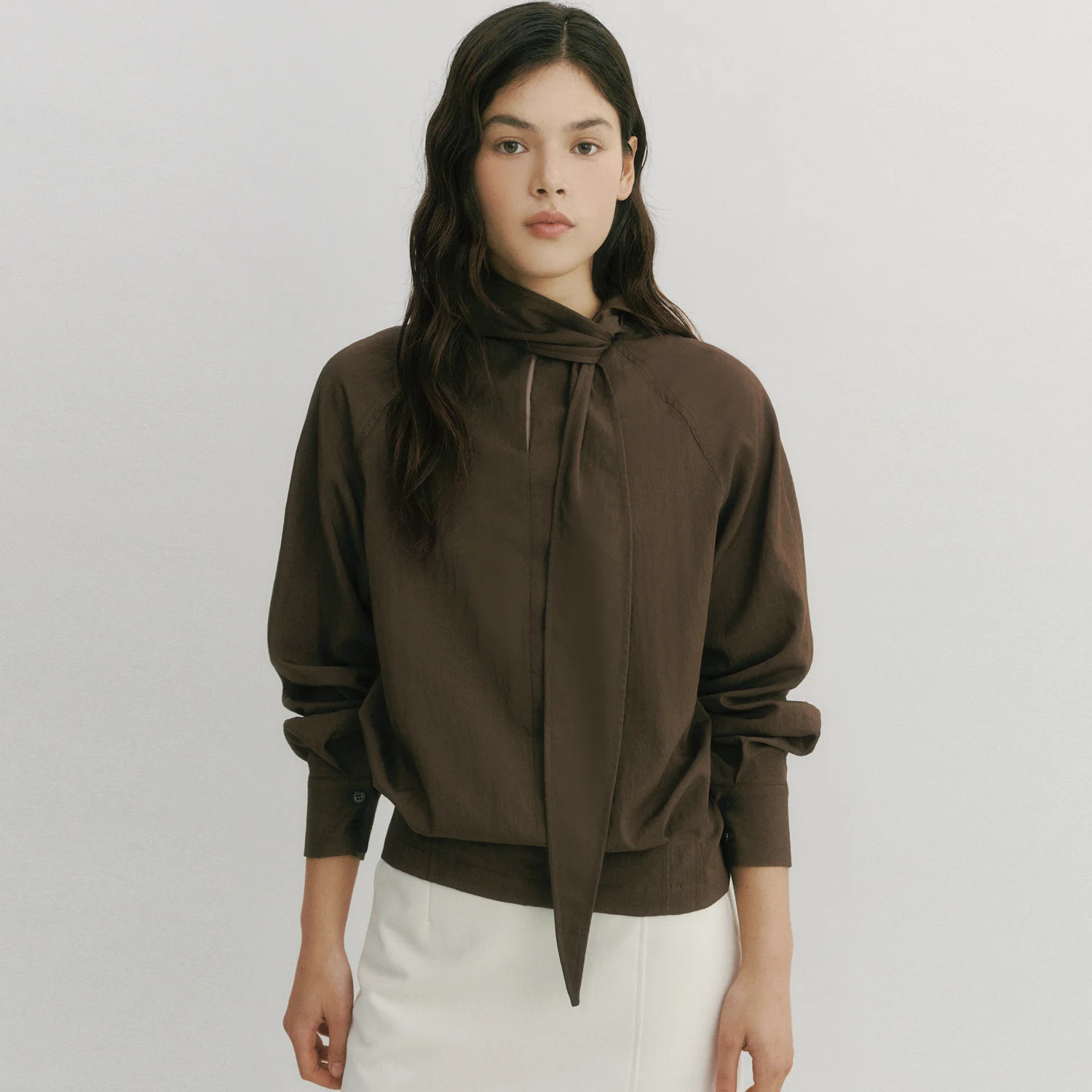 Raglan Tie Detail Blouson Blouse BROWN