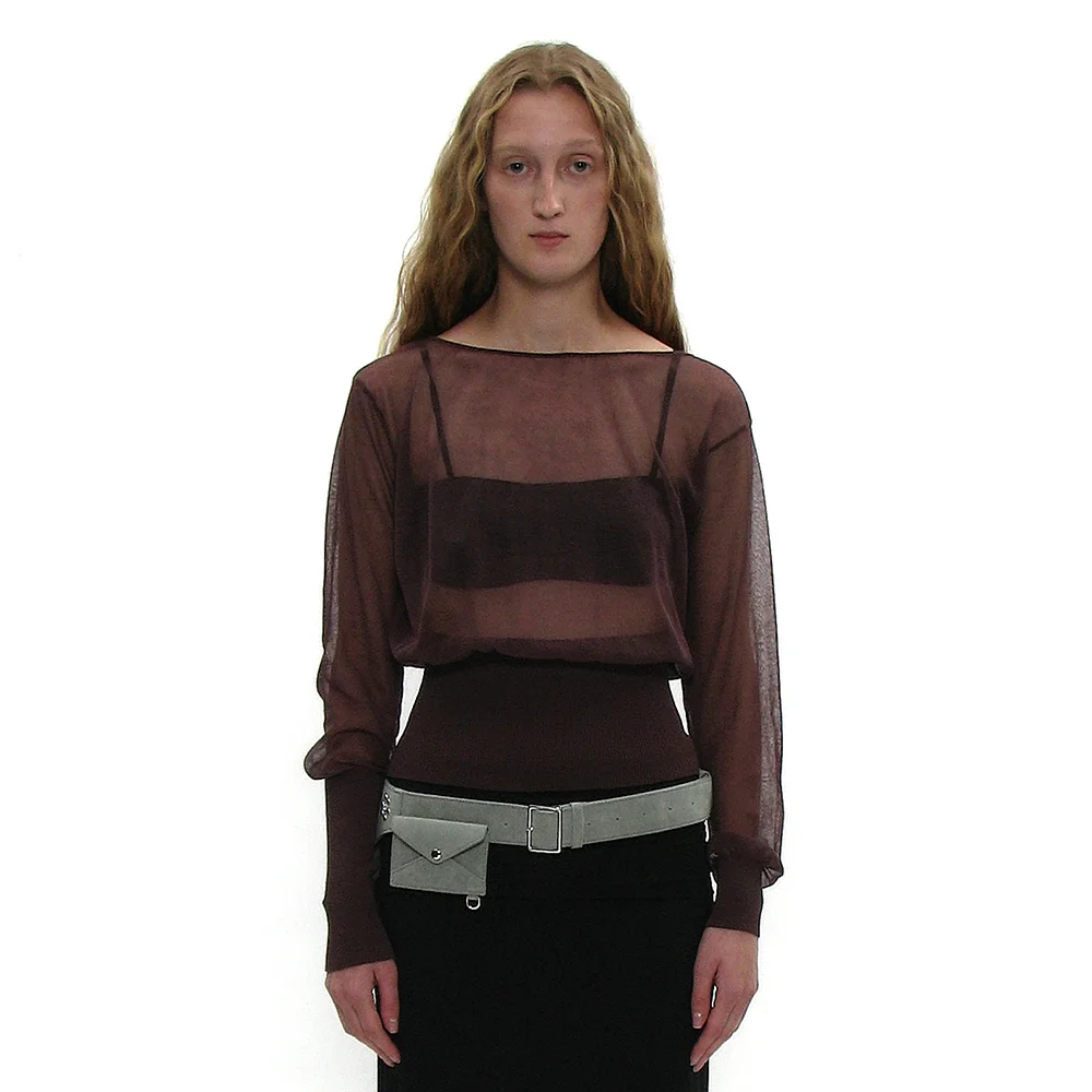 UNBALANCED SHEER KNIT TOP_BROWN