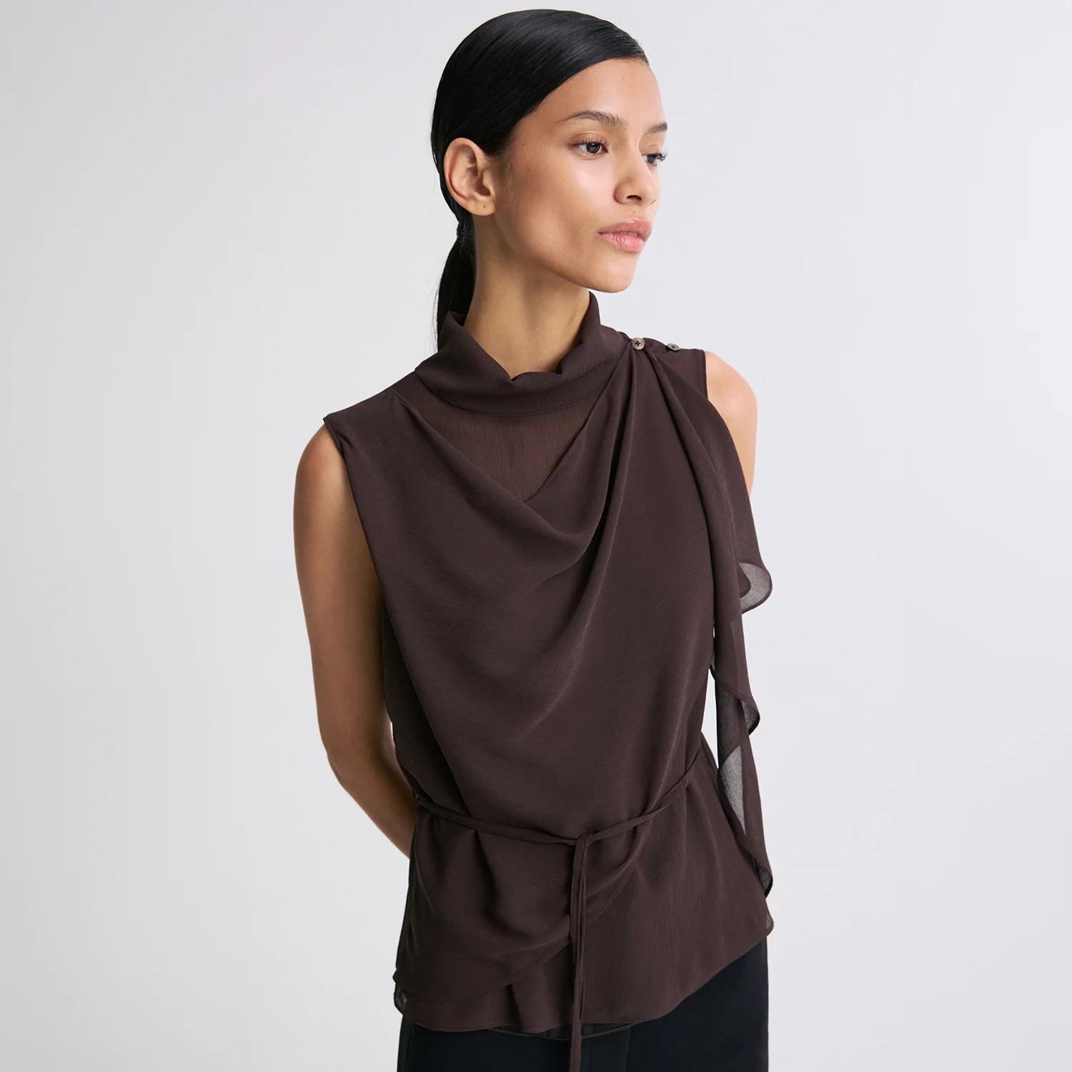 BELTED DRAPED SLEEVELESS BLOUSE