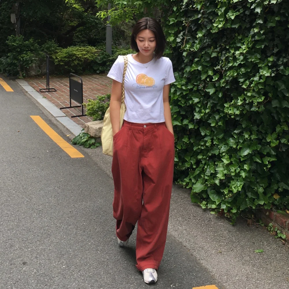 斜紋 寬版 褲子 (Red)