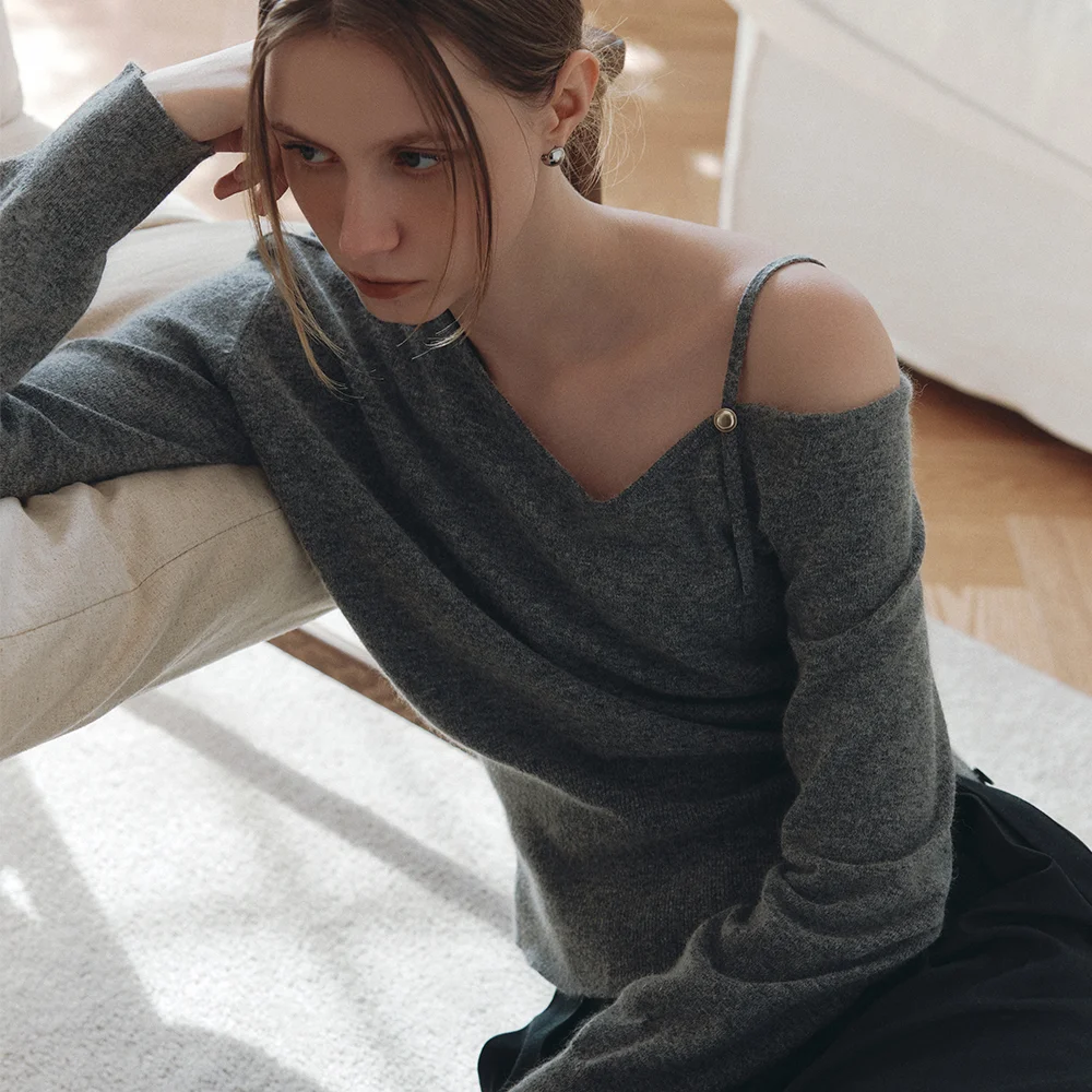 comos 1264 button slit off-shoulder knit (melange gray)