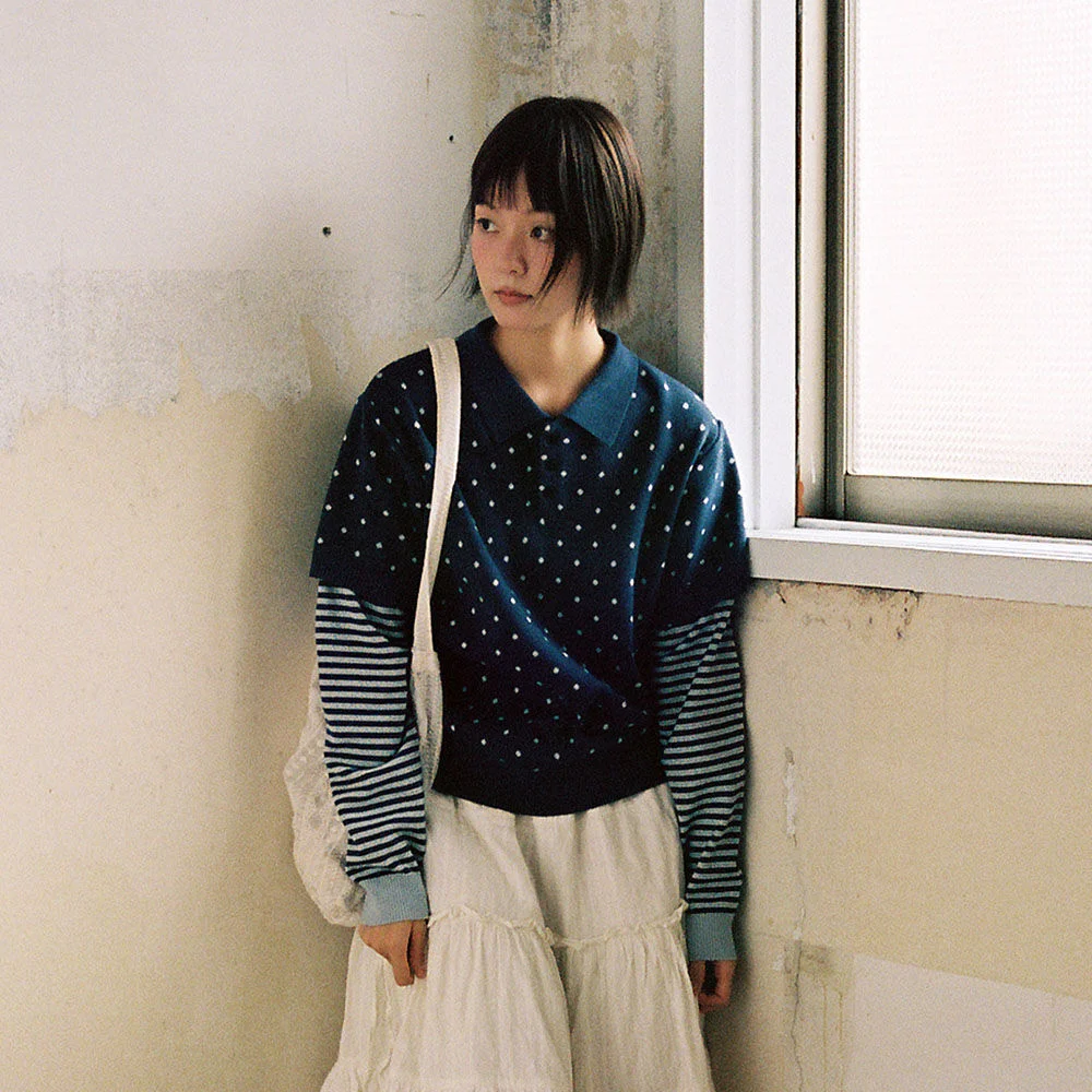 DOT STRIPE LAYERD COLLAR KNIT_NAVY(IK2FFMK641A)