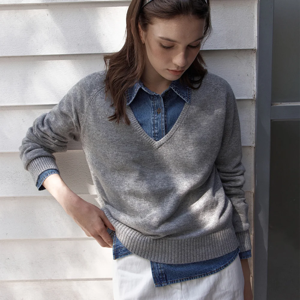 Nive Lambswool Deep V-Neck Knit_GRAY(WCB6KN75)