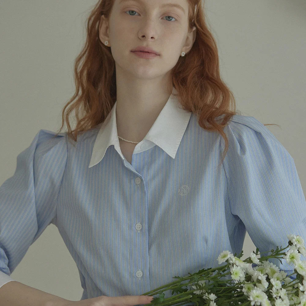 Puff Sleeve Stripe Shirts - Blue