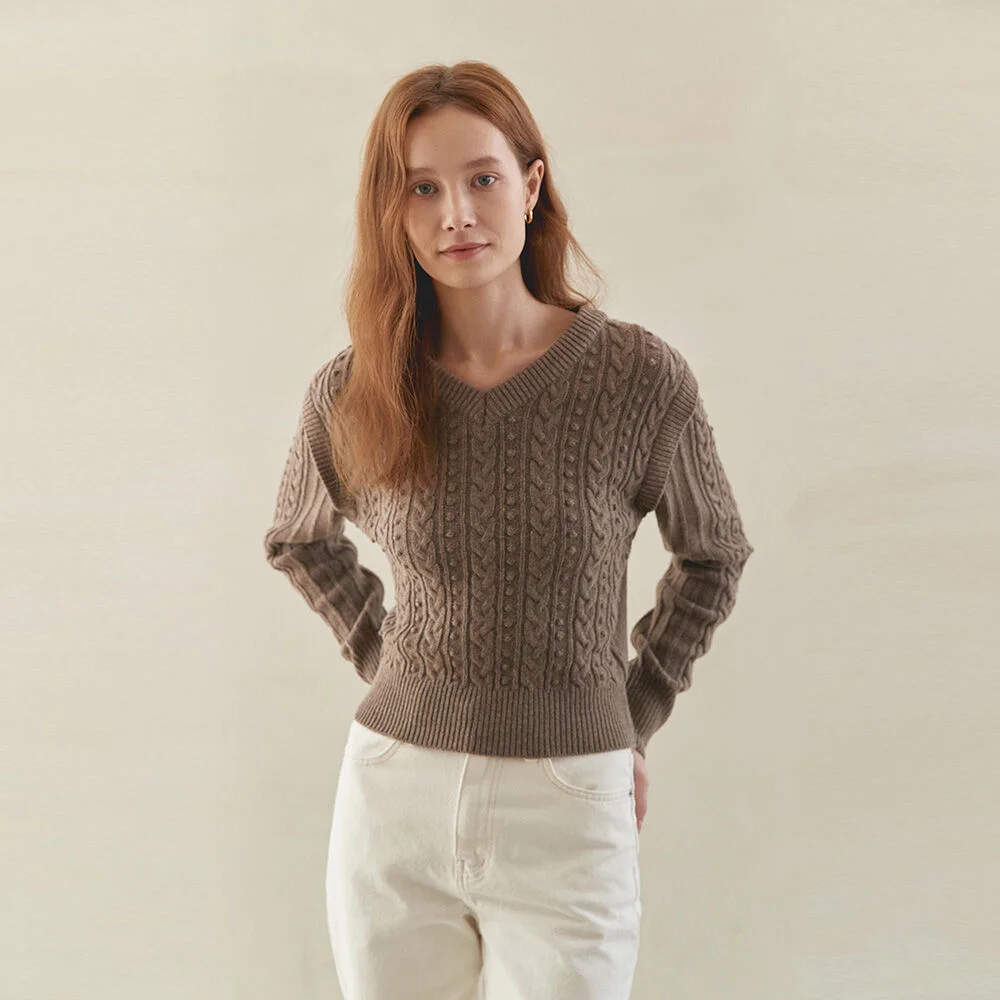 V-NECK CABLE PULLOVER(stone brown)