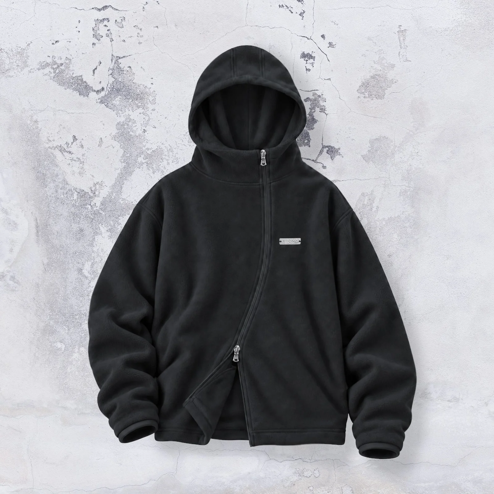 XJ148 弧形 拉鏈 淺 搖粒絨 連帽衫 拉鏈 (BLACK)