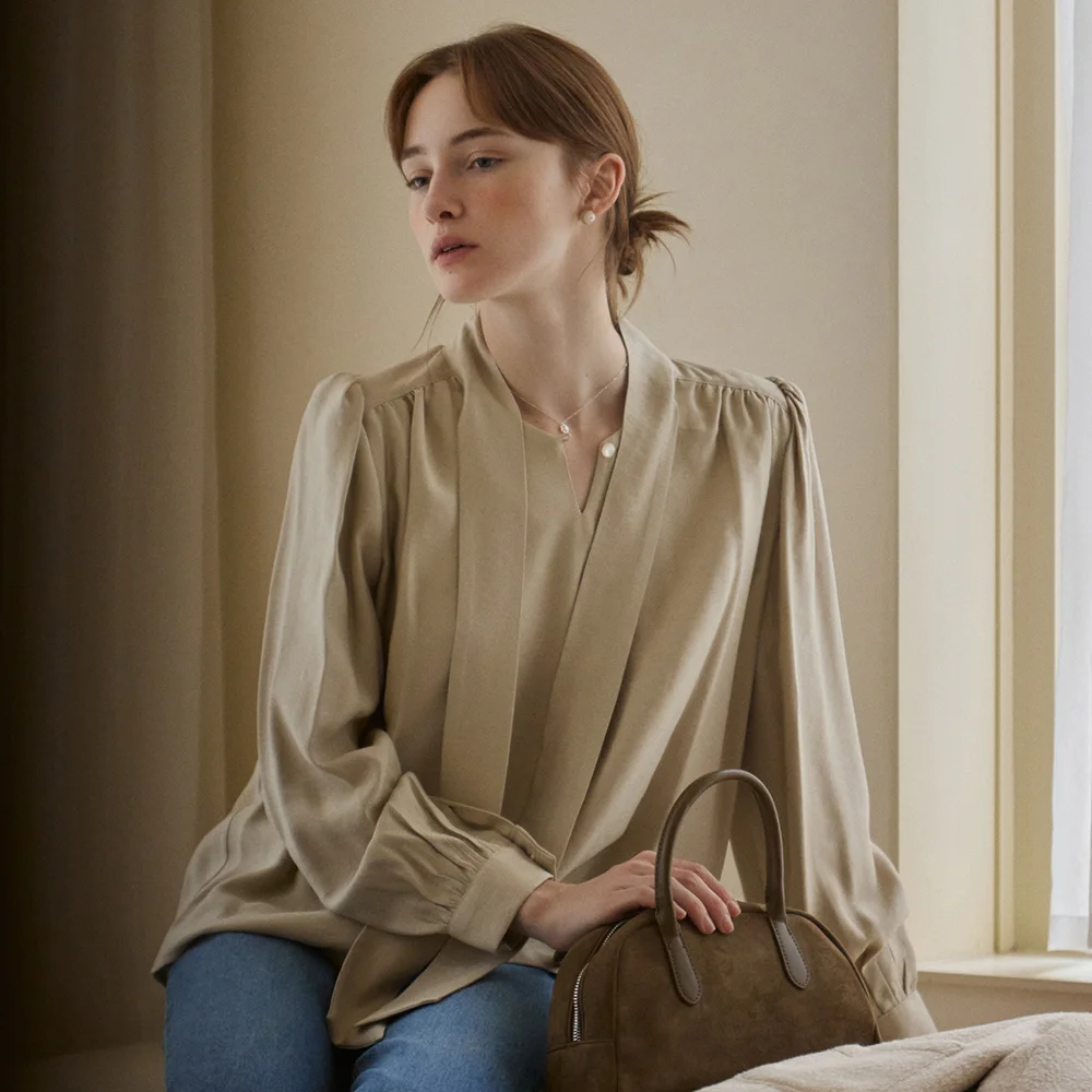 Scarf neck shirring blouse - beige