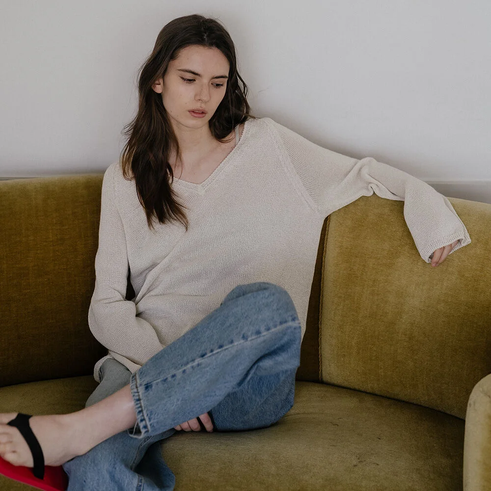 Paper v-neck knit _Cream beige