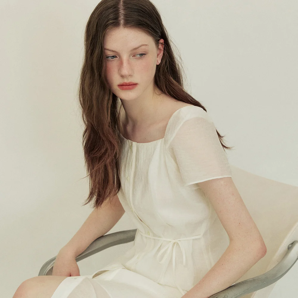 Square neck slim long dress - ivory