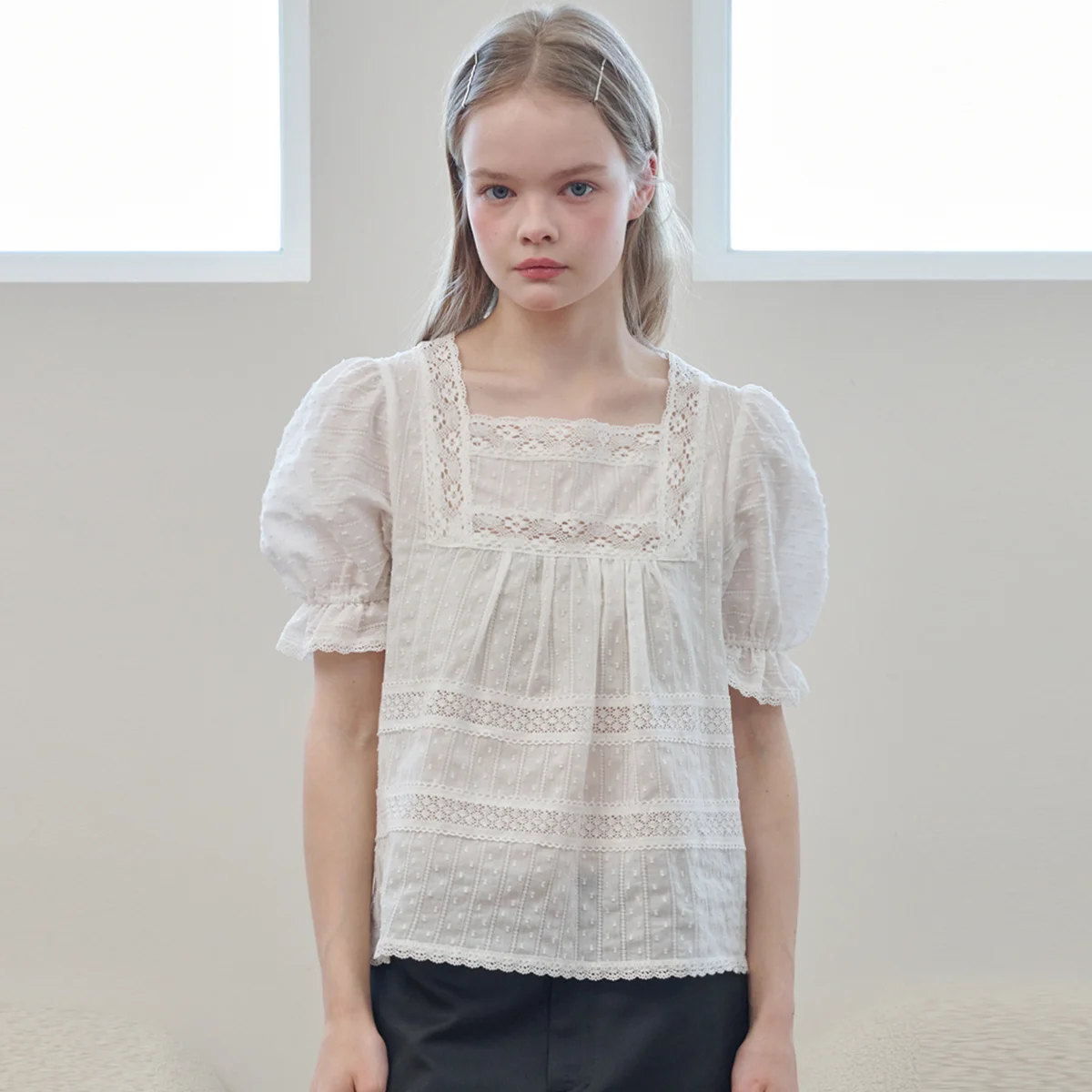Lace Mix Square Neck Cotton Puff Blouse White