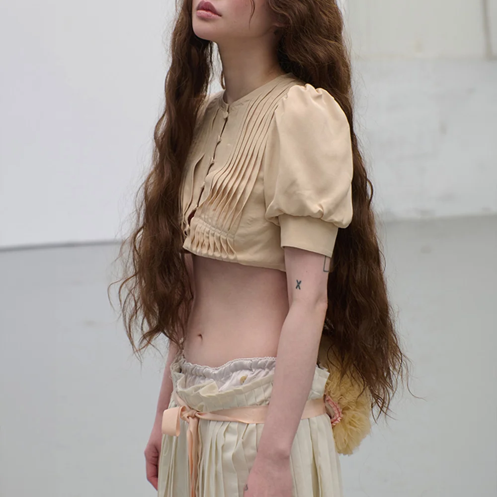 (limited)pintuck shirred puff jacket in beige
