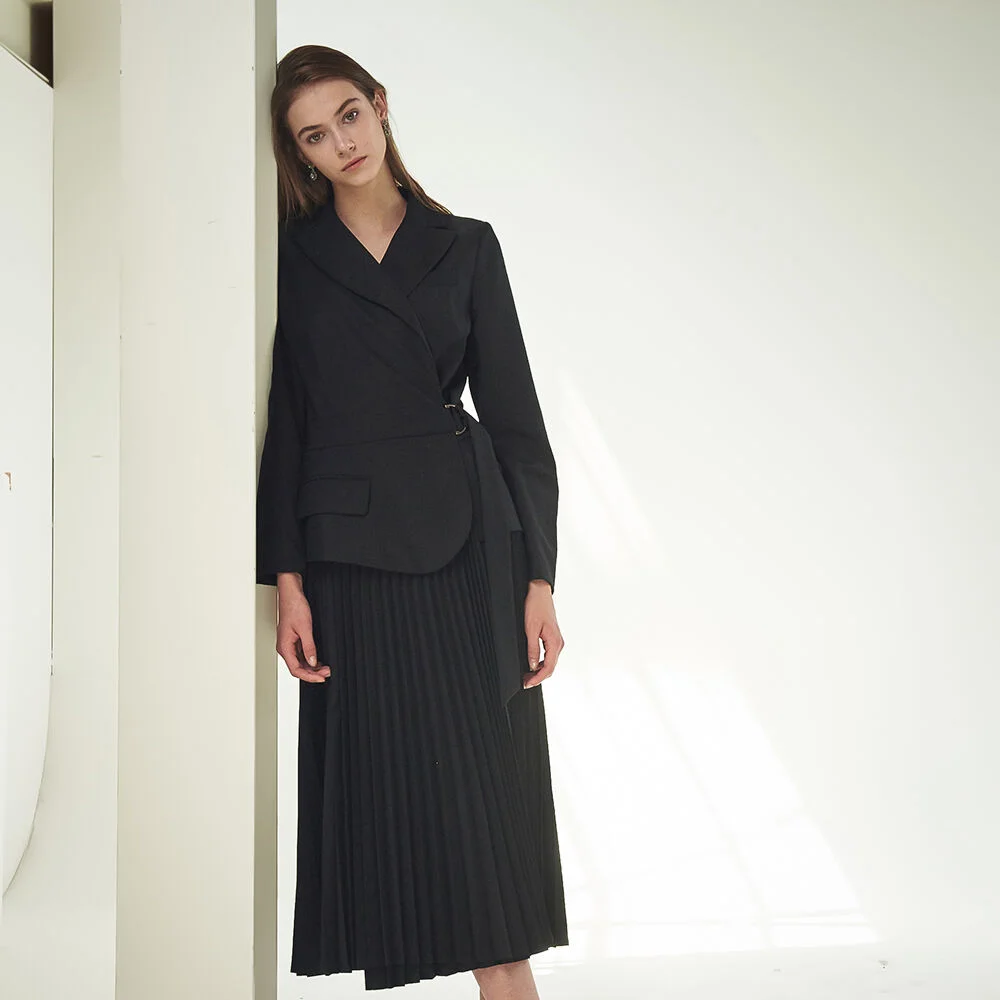 BLAZER PLEATED WRAP DRESS_BLACK