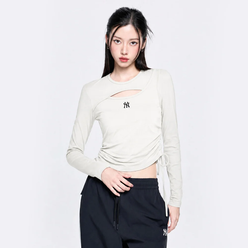 女裝 基本款 鏤空 拼接 修身 半短版 長袖 T恤 NY (Cream)