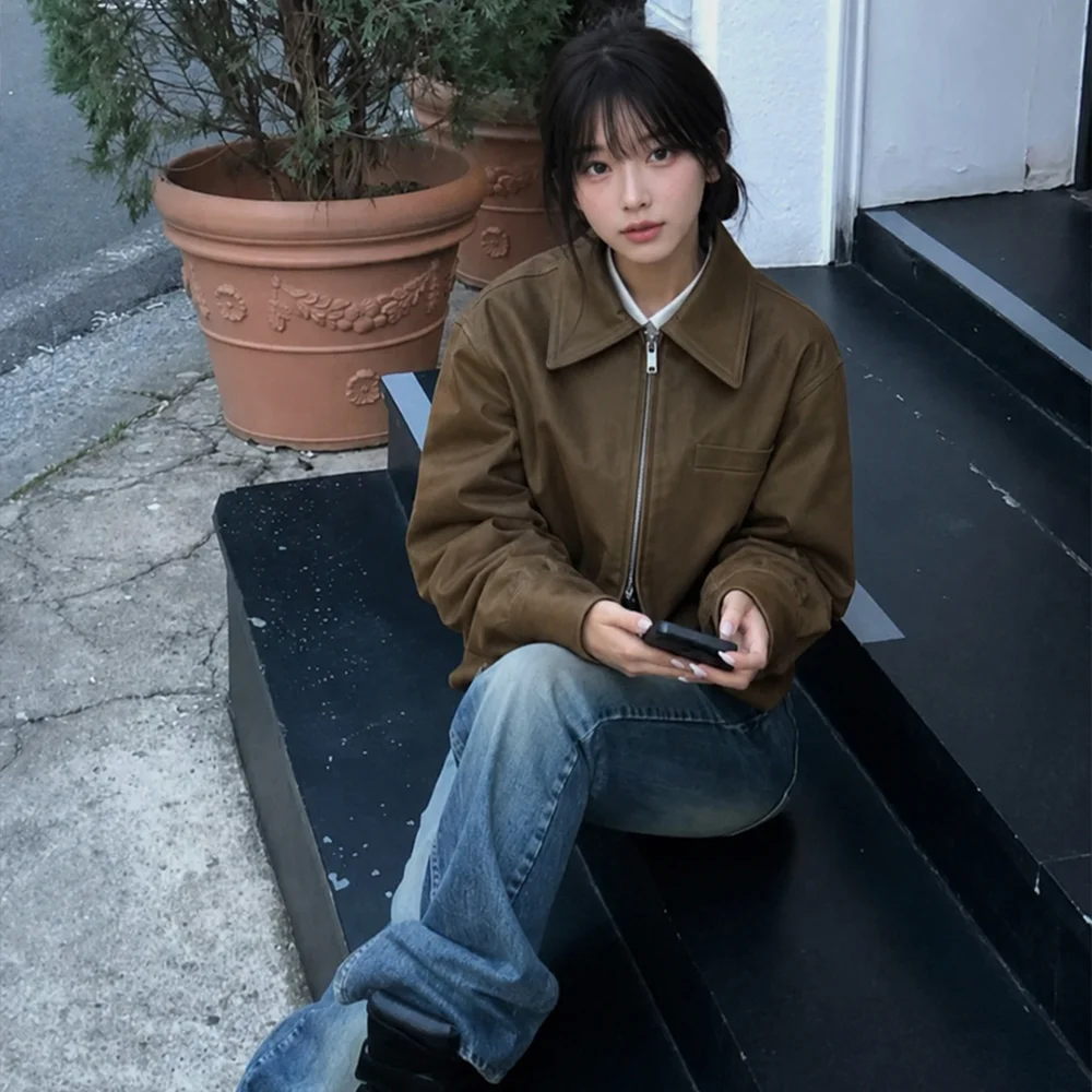 基本款 皮革 外套 啡色