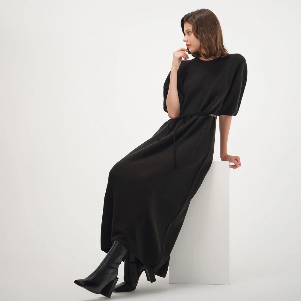 Balloon Sleeve Long Knit Dress_Black