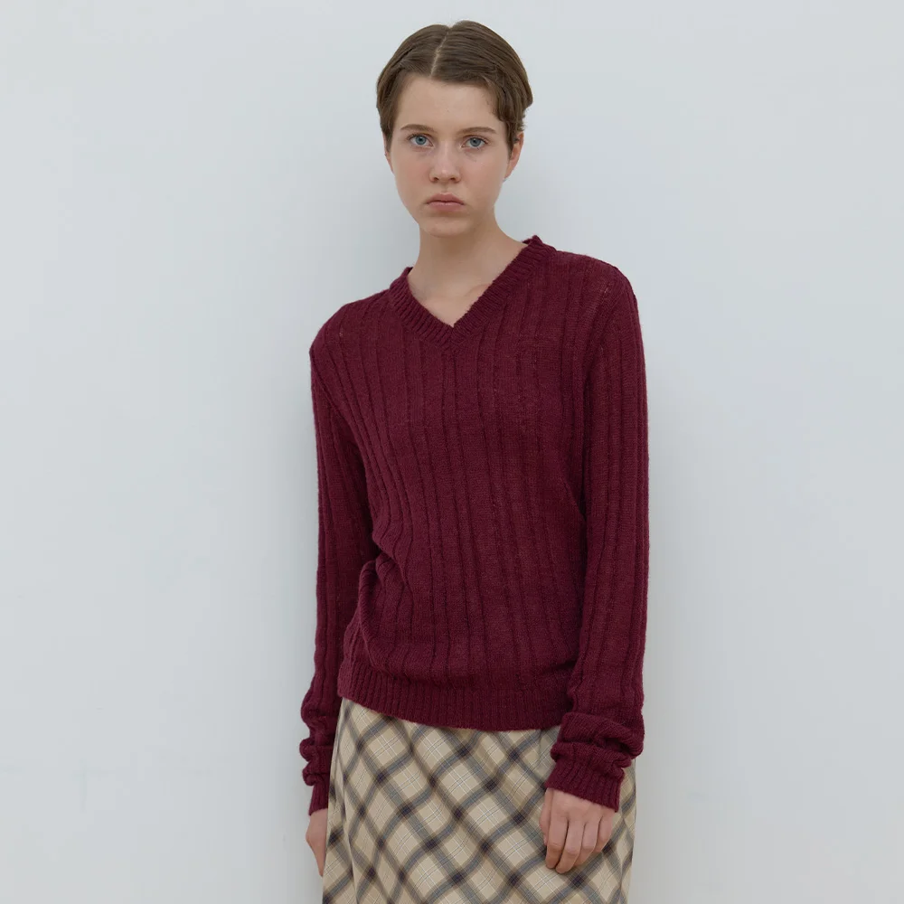 SHEER V-NECK KNIT_WINE