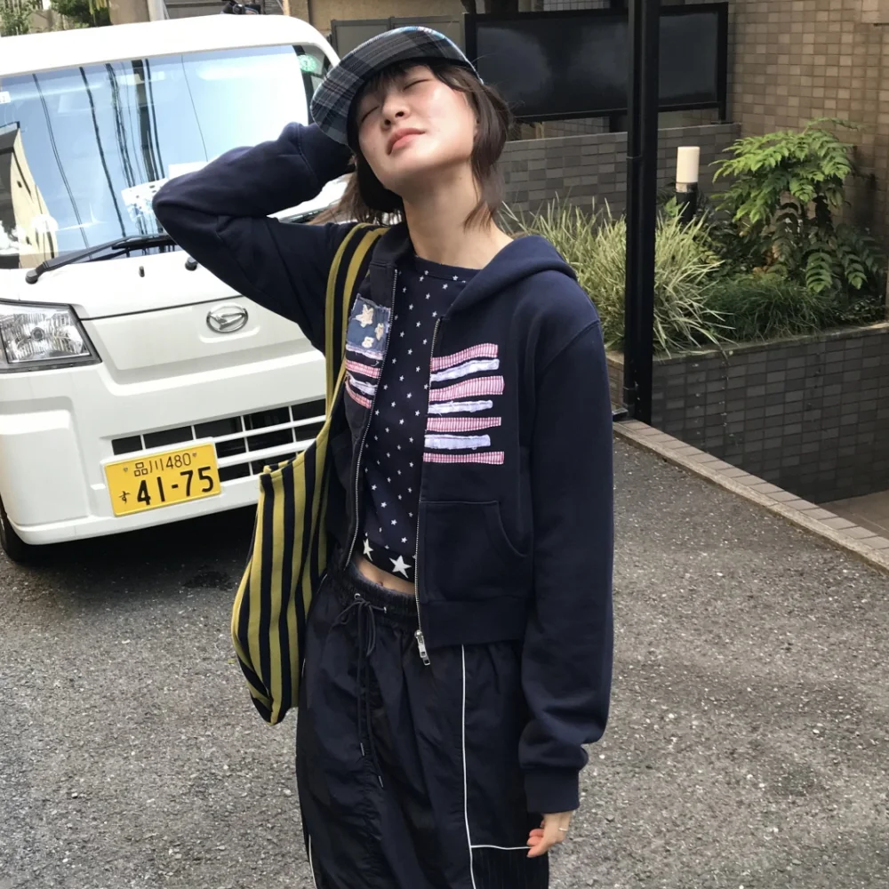 (W) USA FLAG APPLIQUE ZIP HOODIE - NAVY