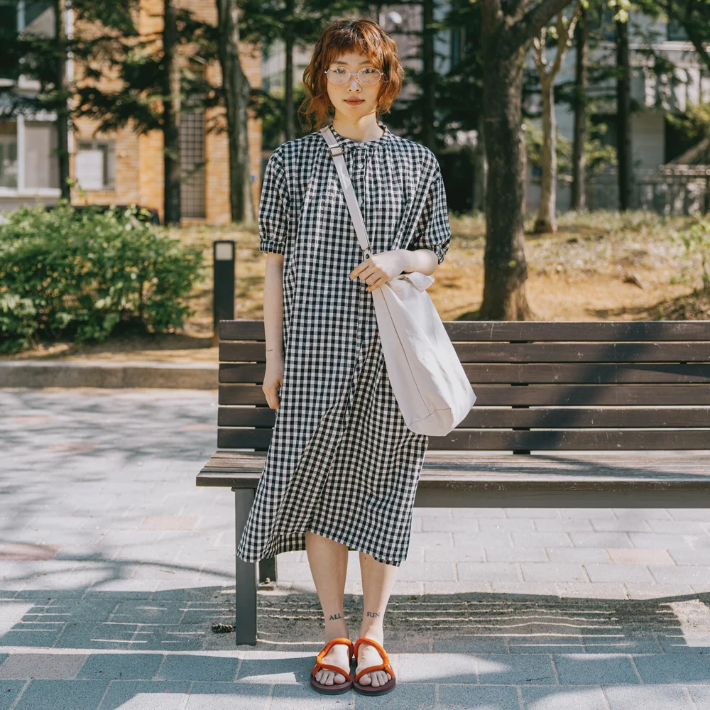 GINGHAM CHECK LINEN DRESS (BLACK)