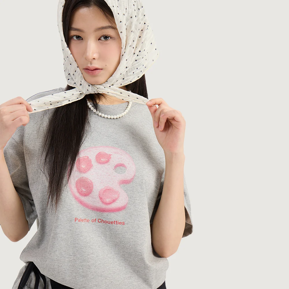 Chouetties by LUCKY CHOUETTE_ Loose-fit Graphic Short Sleeve T-shirts (melange grey) LATAX26310GYM