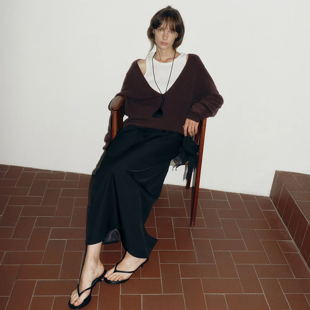 CASH WOOL DEEP V_NECK KNIT_RAISIN BROWN