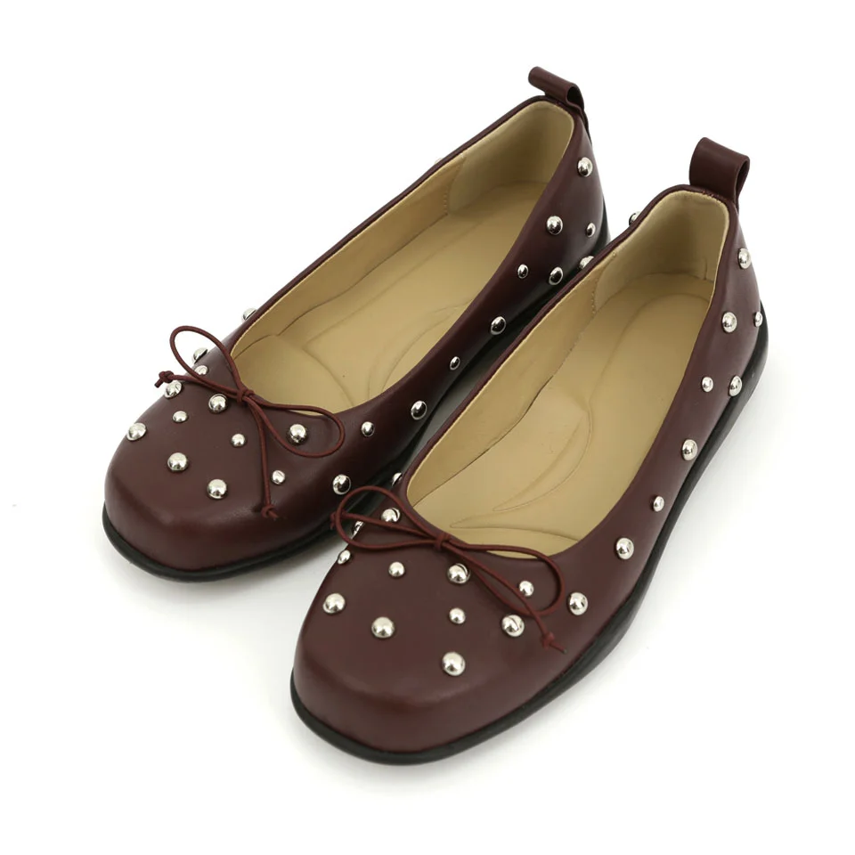 STUD BOW FLAT SHOES (BURGUNDY)