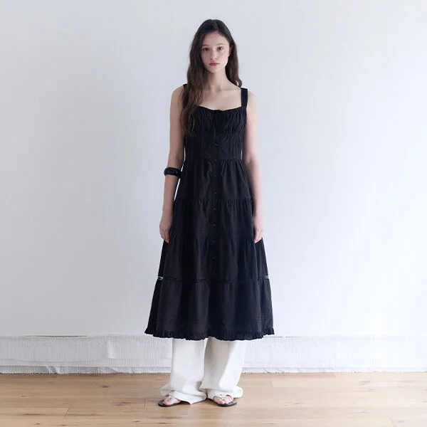 PEASANT SHIRRING LONG ONE PIECE BLACK