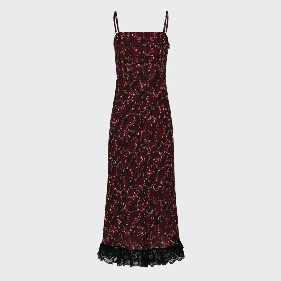 Check Flower Slim Long Dress (Burgundy)