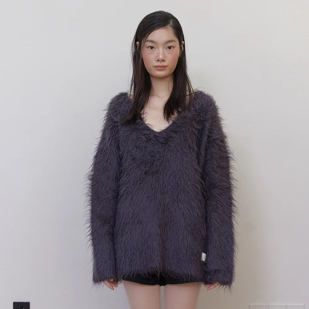 WOOL HAIRLY BRUSH V SWEATER (CHARCOAL)