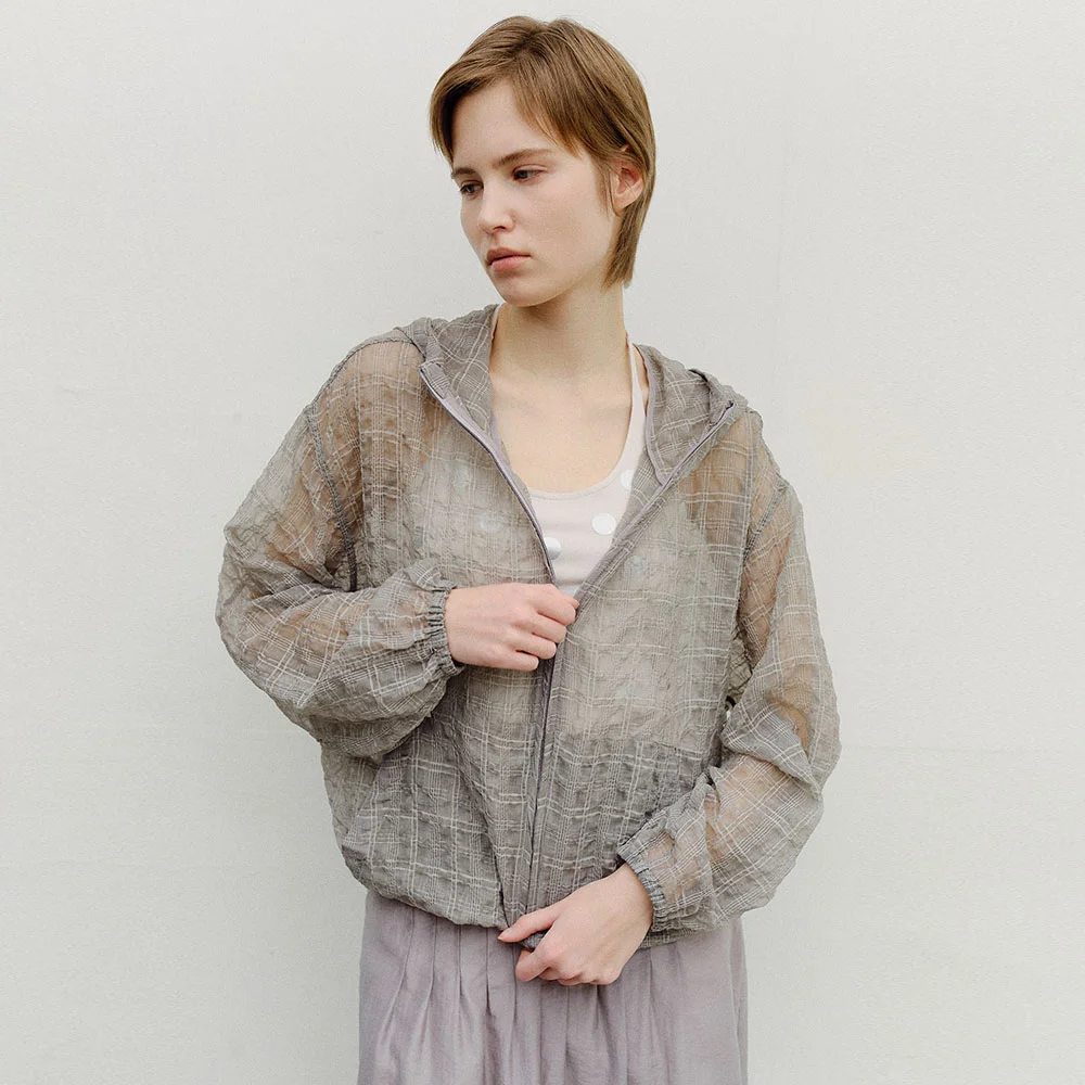 SHEER CHECK HOODED WINDBREAKER - GREY