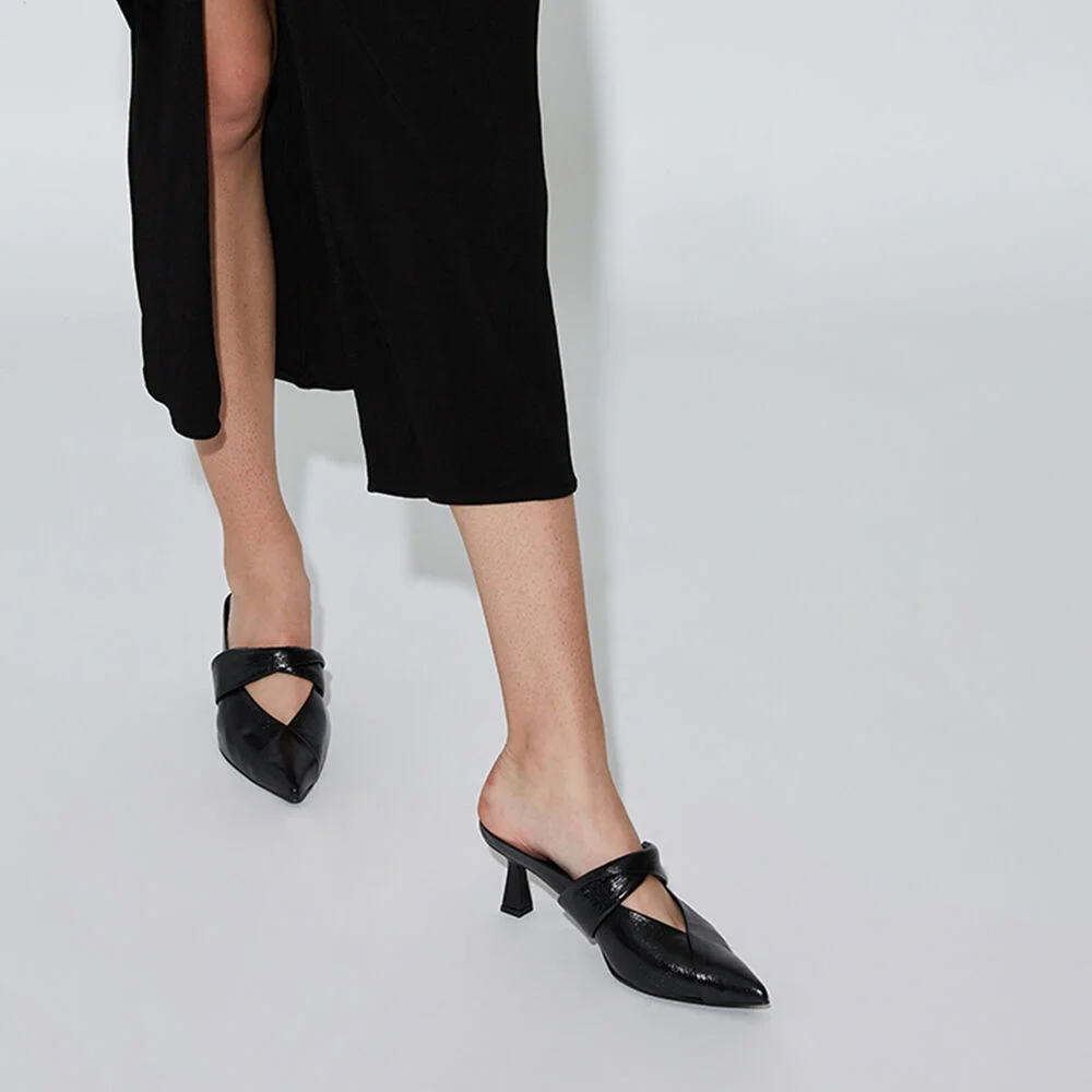 Anna Mules 6cm Heels Crush Nappa Black