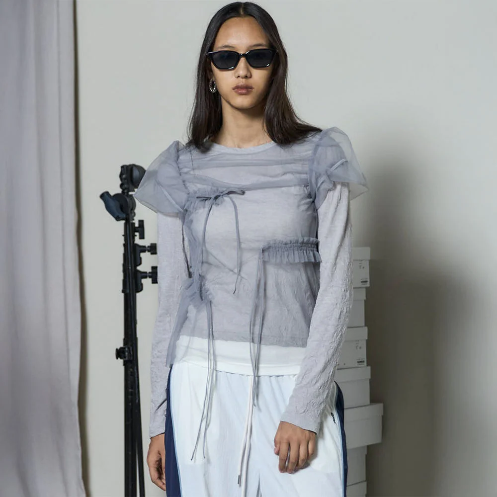 SHIRRING MINI PUFF SLEEVE TOPS (GRY)