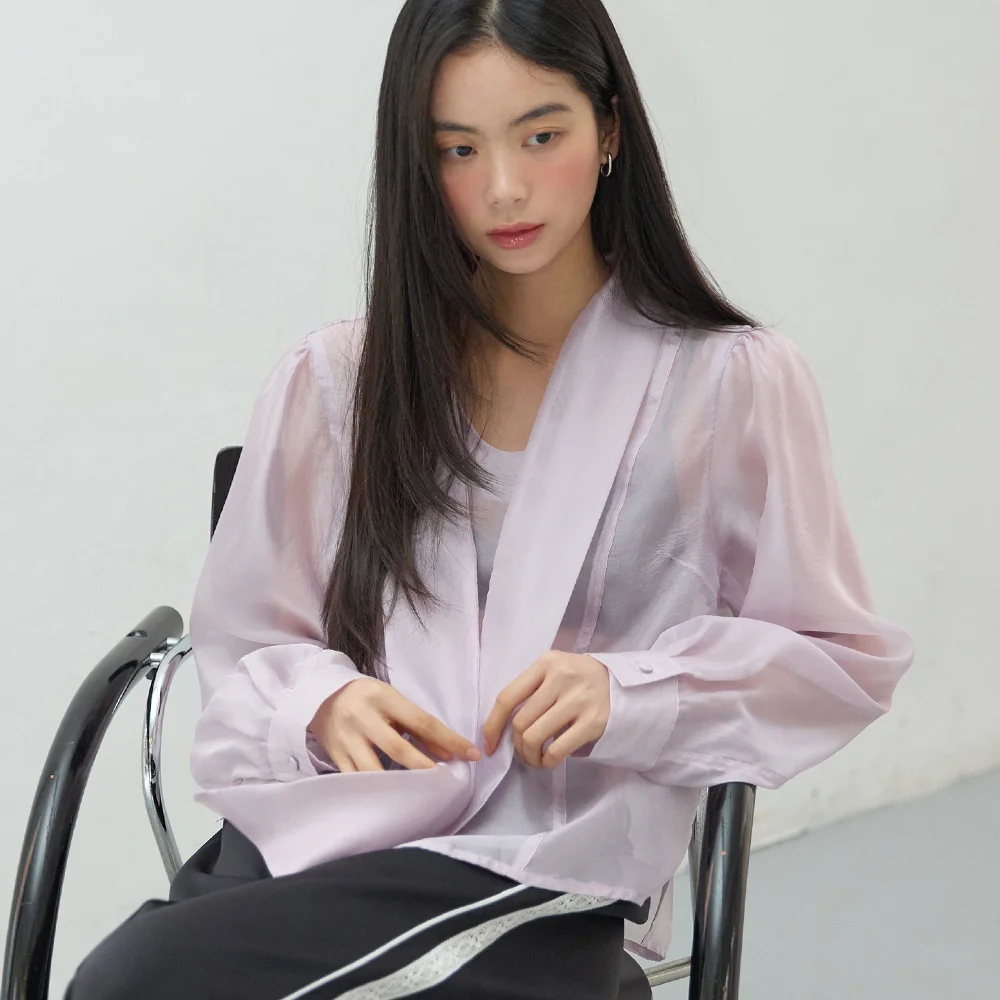 Glow See-through Tie Blouse Lavender