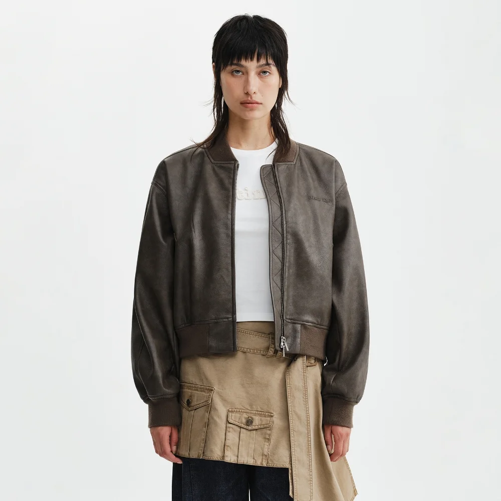 FAUX LEATHER RIB COLLAR BLOUSON FOR WOMEN IN BROWN