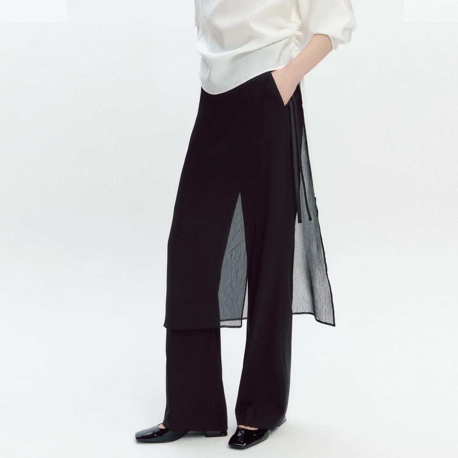 Wrinkle Chiffon See-through Wrap Skirt BLACK
