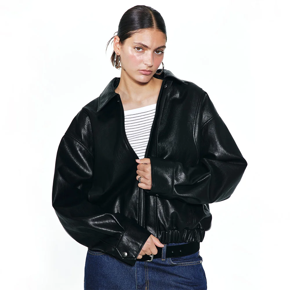 FAUX-LEATHER BOMBER BANDED JUMPER FOR MEN IN BLACK