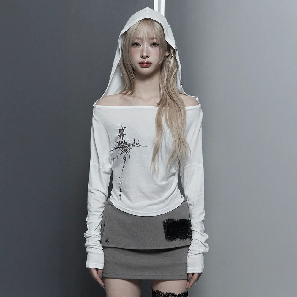 Lettering Hooded Slim-Fit Long Sleeve Top (lvory)