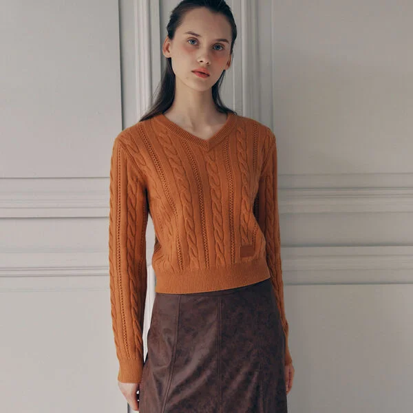 V NECK CABLE LABEL KNIT ORANGE