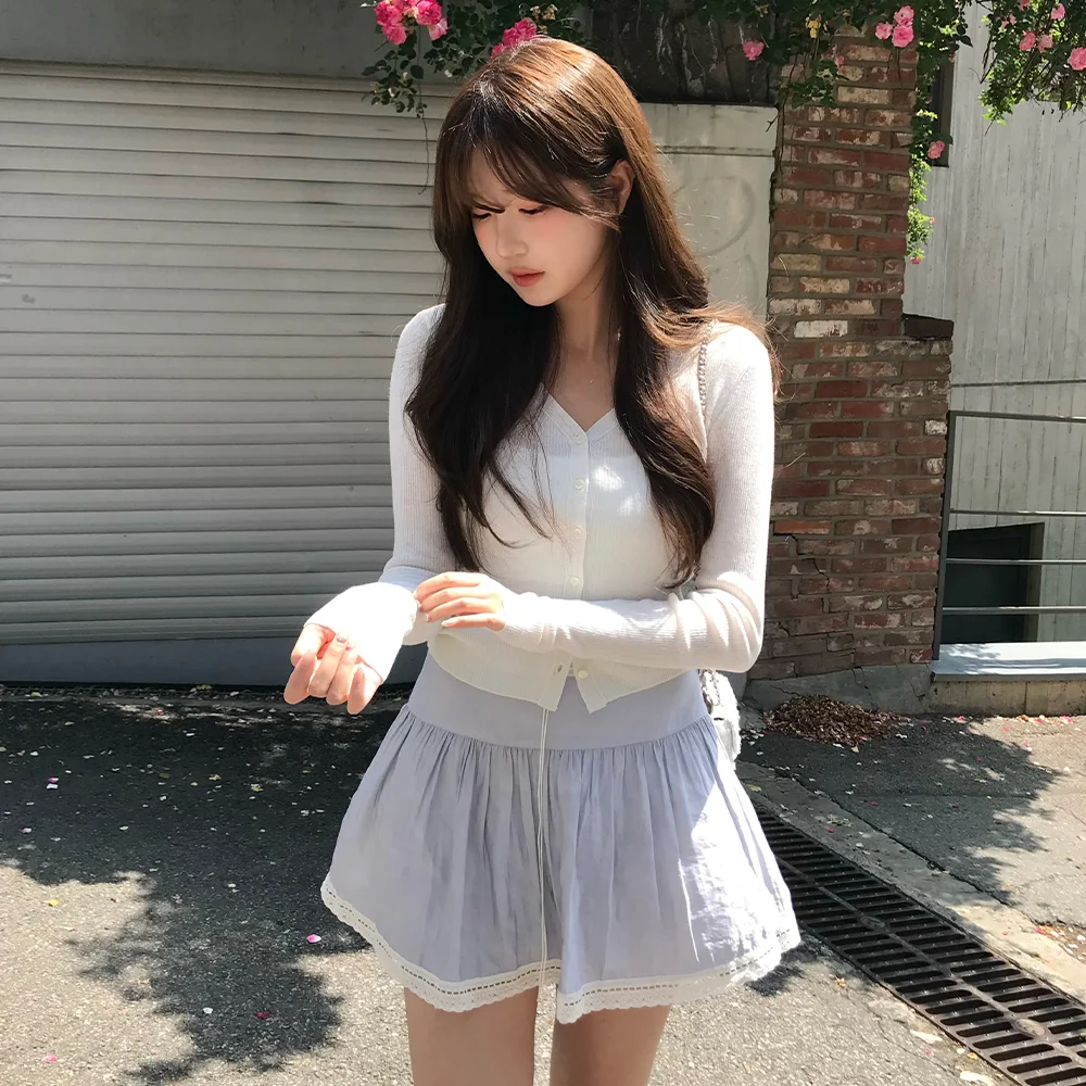 Riley Shirring Lace Trim Skirt_Dusty Blue