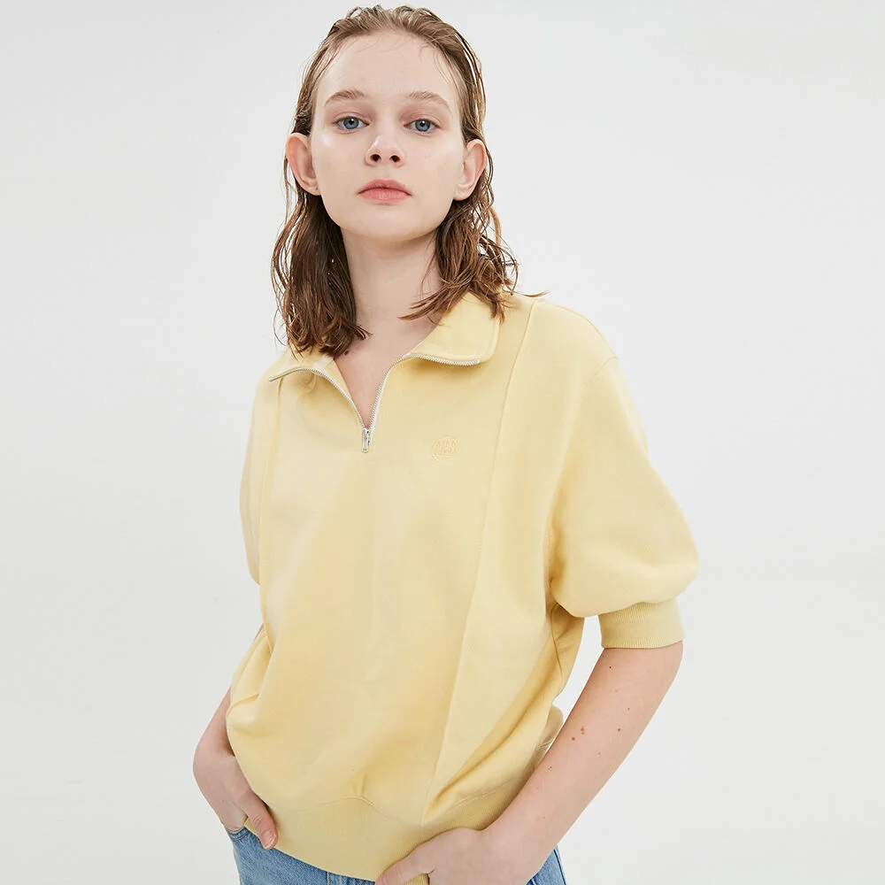 Half Sleeve Zip Up Sweatshirt / Vanilla