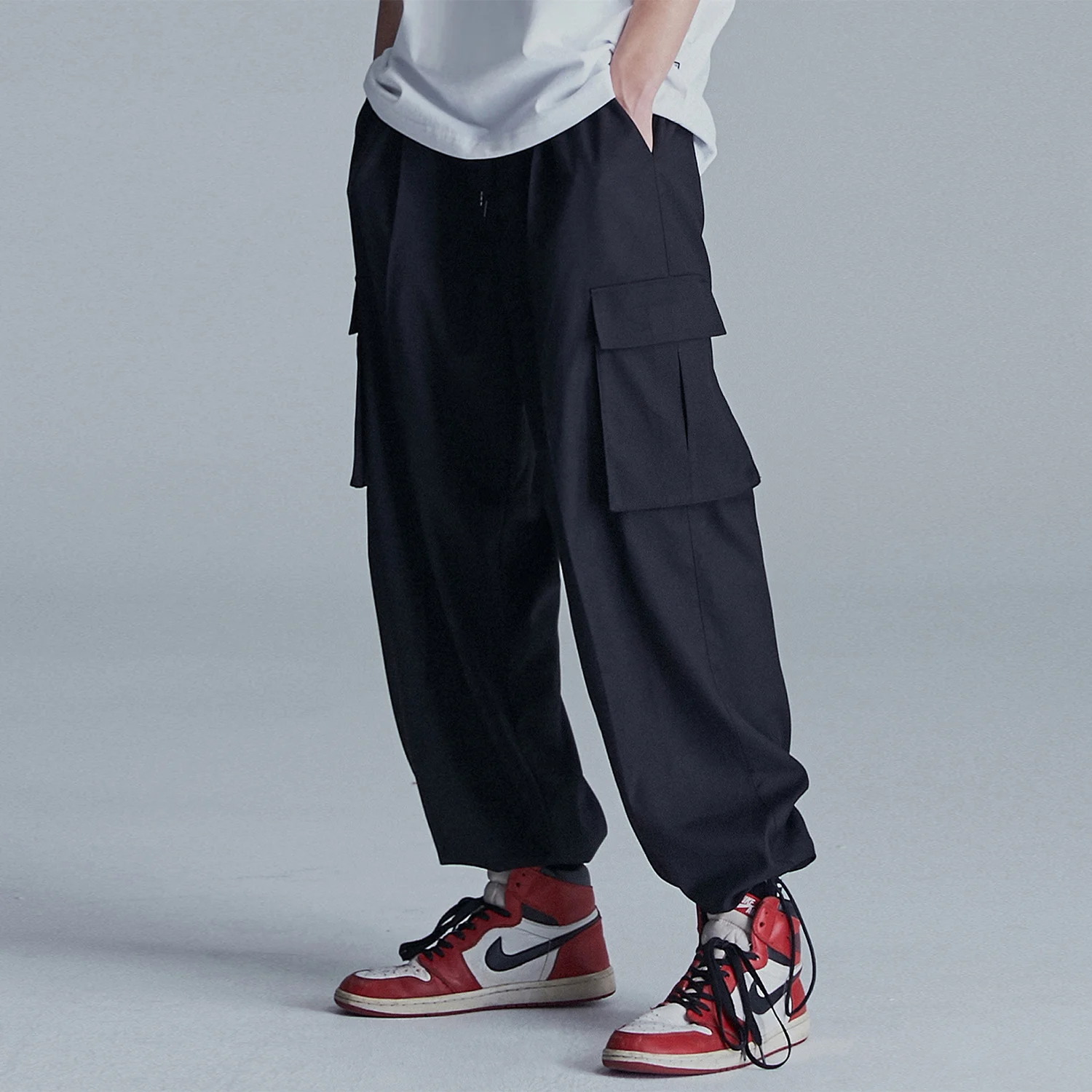 Wide String Cargo Slacks Pants - Black