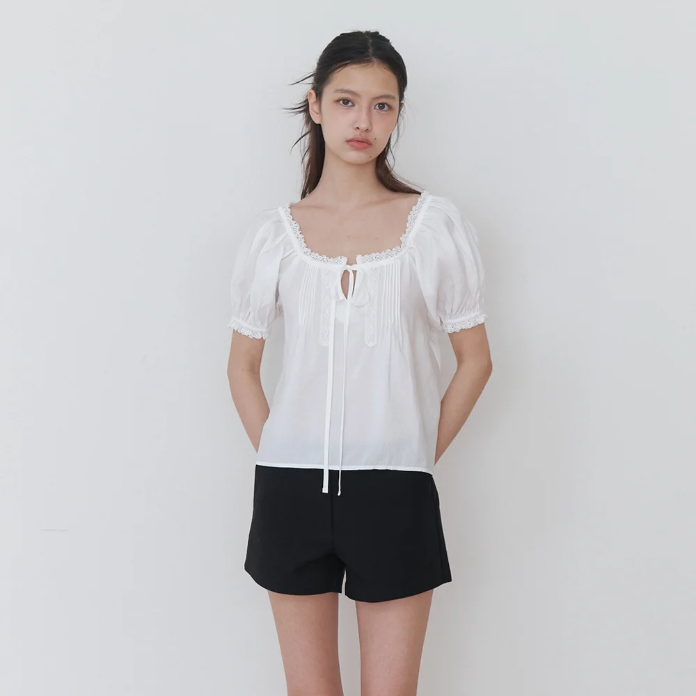 lace ribbon pintuck blouse - cream