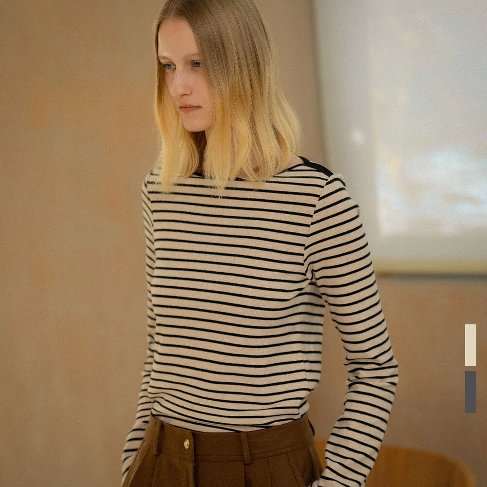 Soft cotton stripe boat-neck T-shirt _