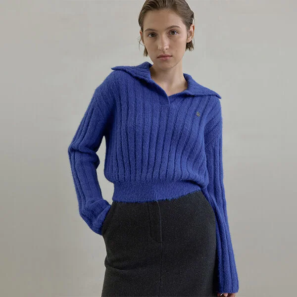 WOOL HAIRY ORNAMENT OPEN COLLAR V-NECK KNITWEAR (T-6728)