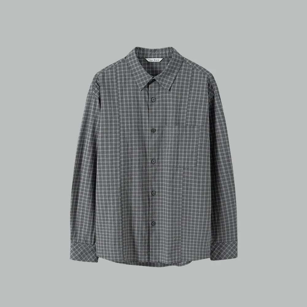 Irregular 拼接 格紋 LS 襯衫_BLUISH GREY