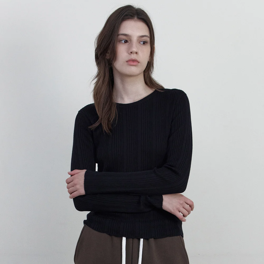 Even Rib Round Neck Knit_BLACK(WCB6KN96)