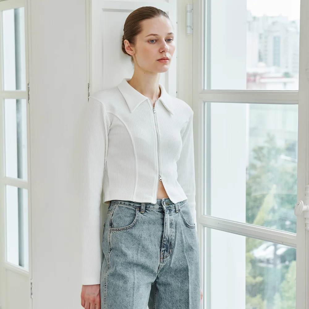 Two Way Zip Up Collar T-Shirt- Ivory